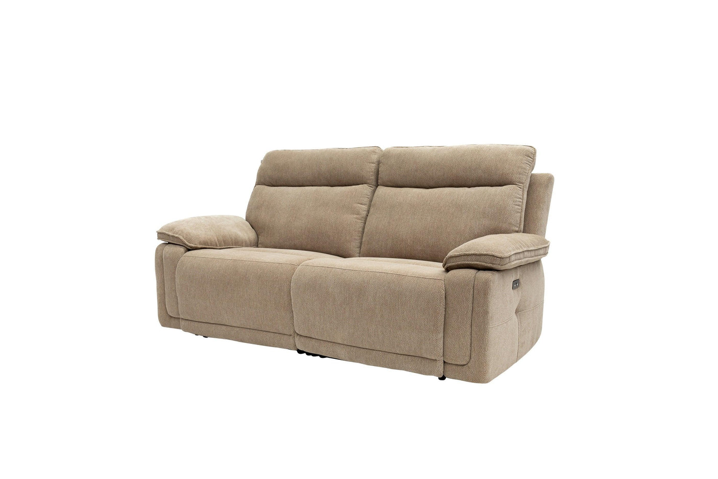 Camel fabric reclining sofa with plush armrests and high backrest, angled view