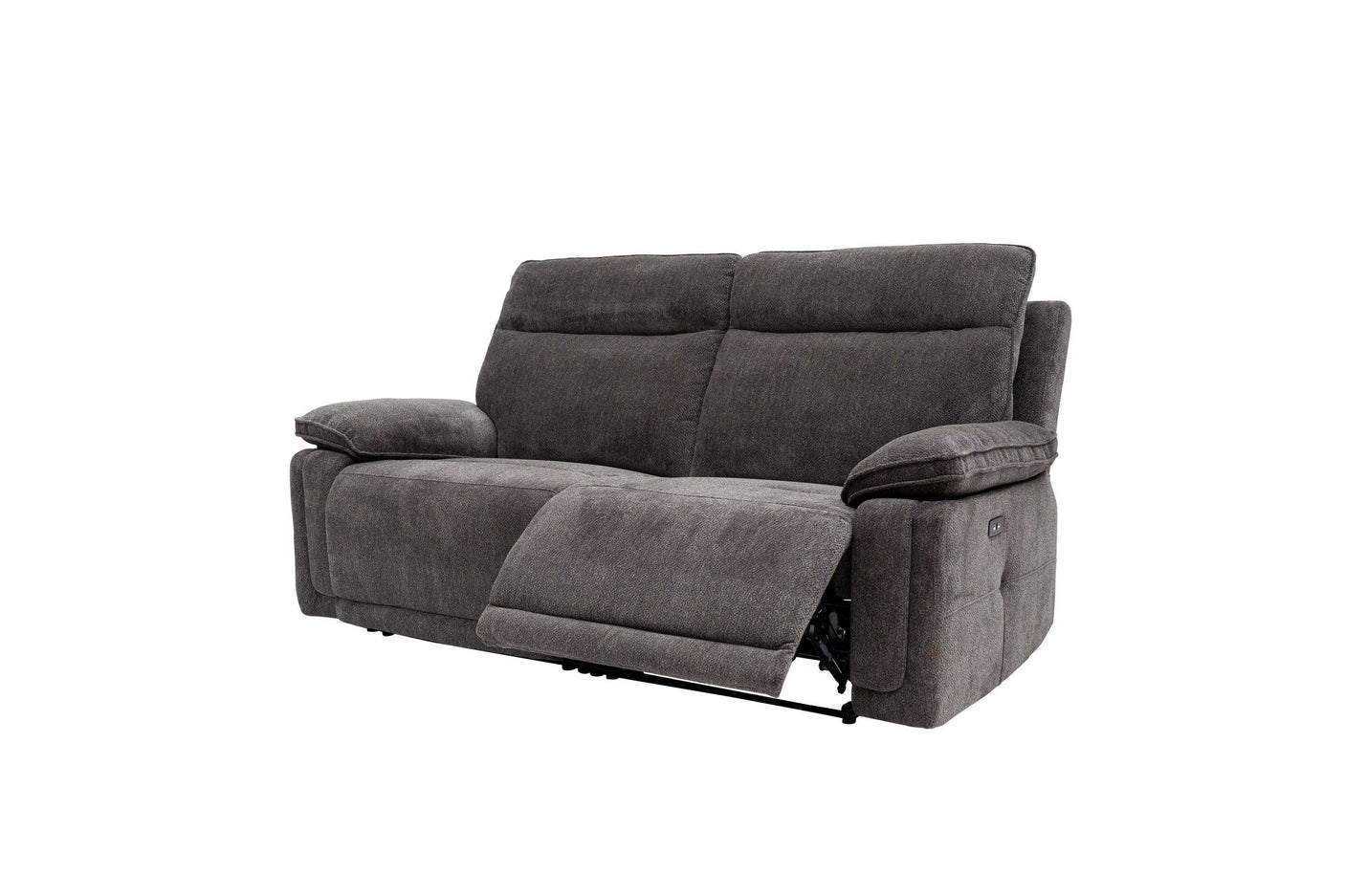 Charcoal fabric recliner sofa with padded arms and extended footrest, front side view