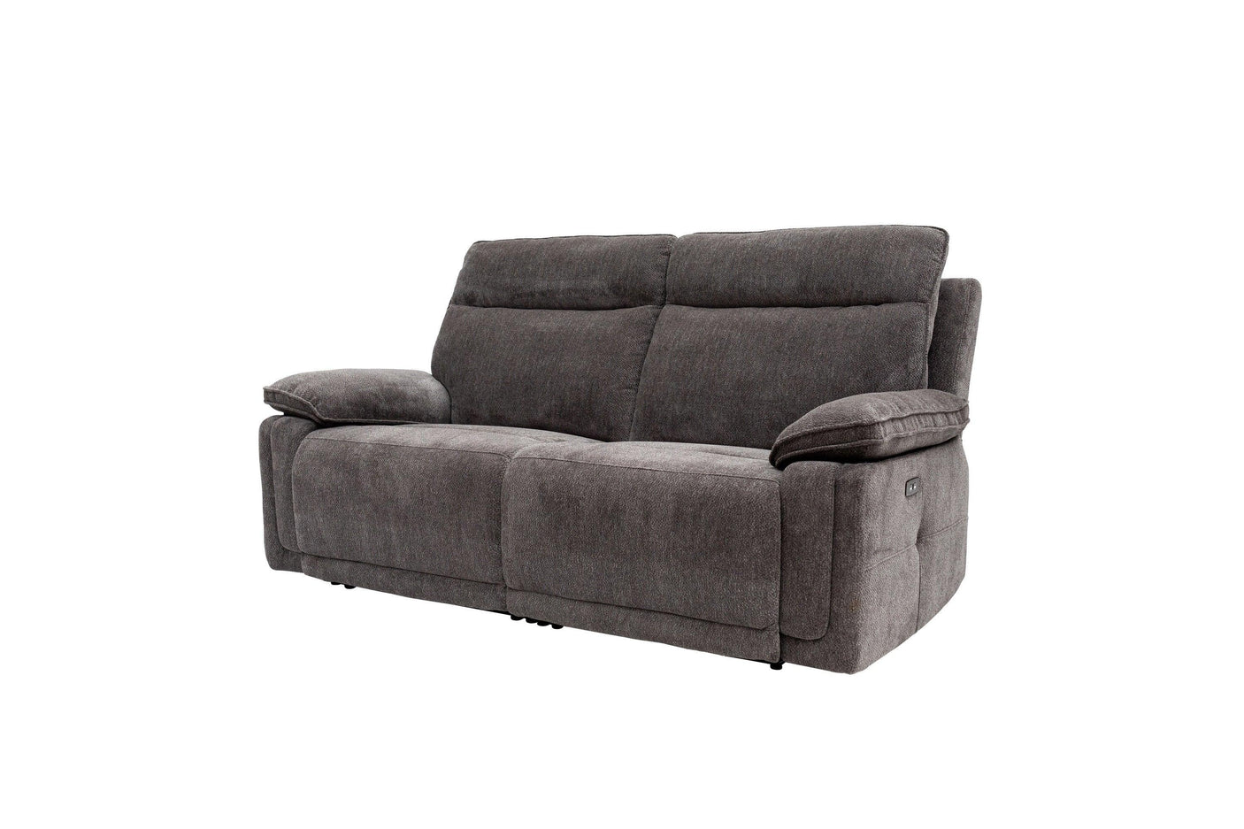 Charcoal fabric recliner sofa with padded armrests and backrest, angled front view
