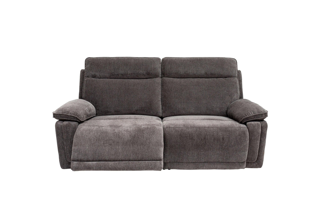 Charcoal fabric recliner sofa with wide armrests and cushioned back, front view