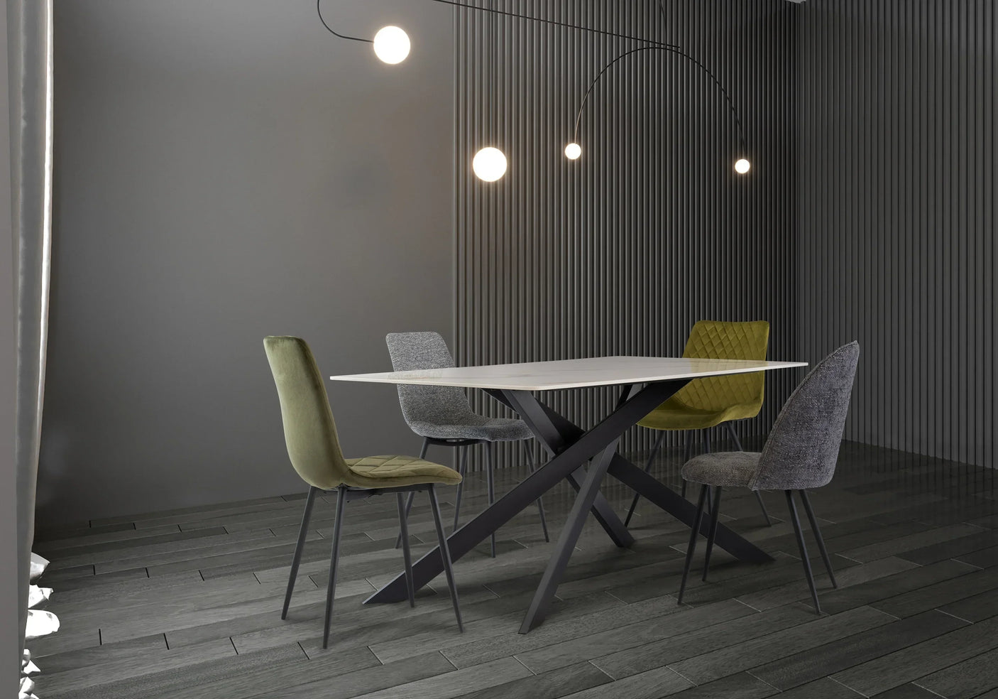 Modern dining table with white top and four velvet chairs in grey and green, dark wood floor