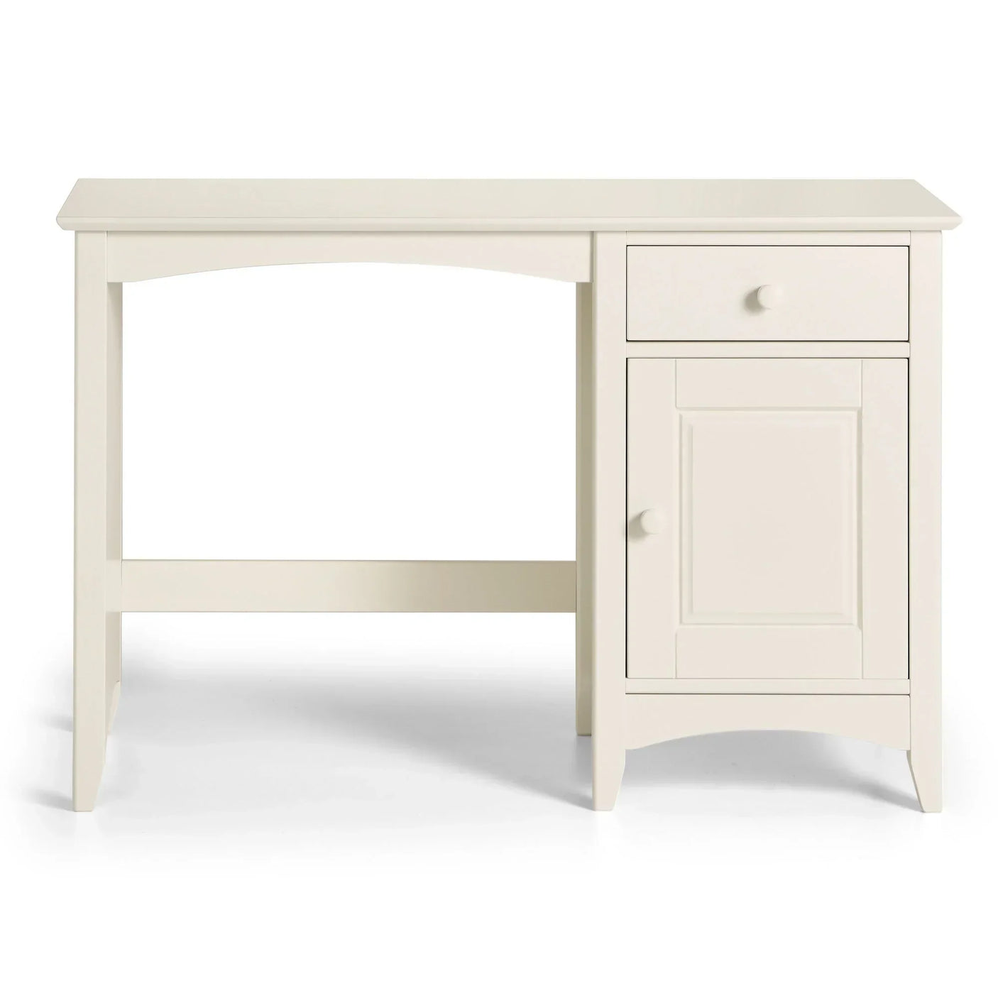 Cream wooden desk with right-side drawer and cabinet, simple design, front view