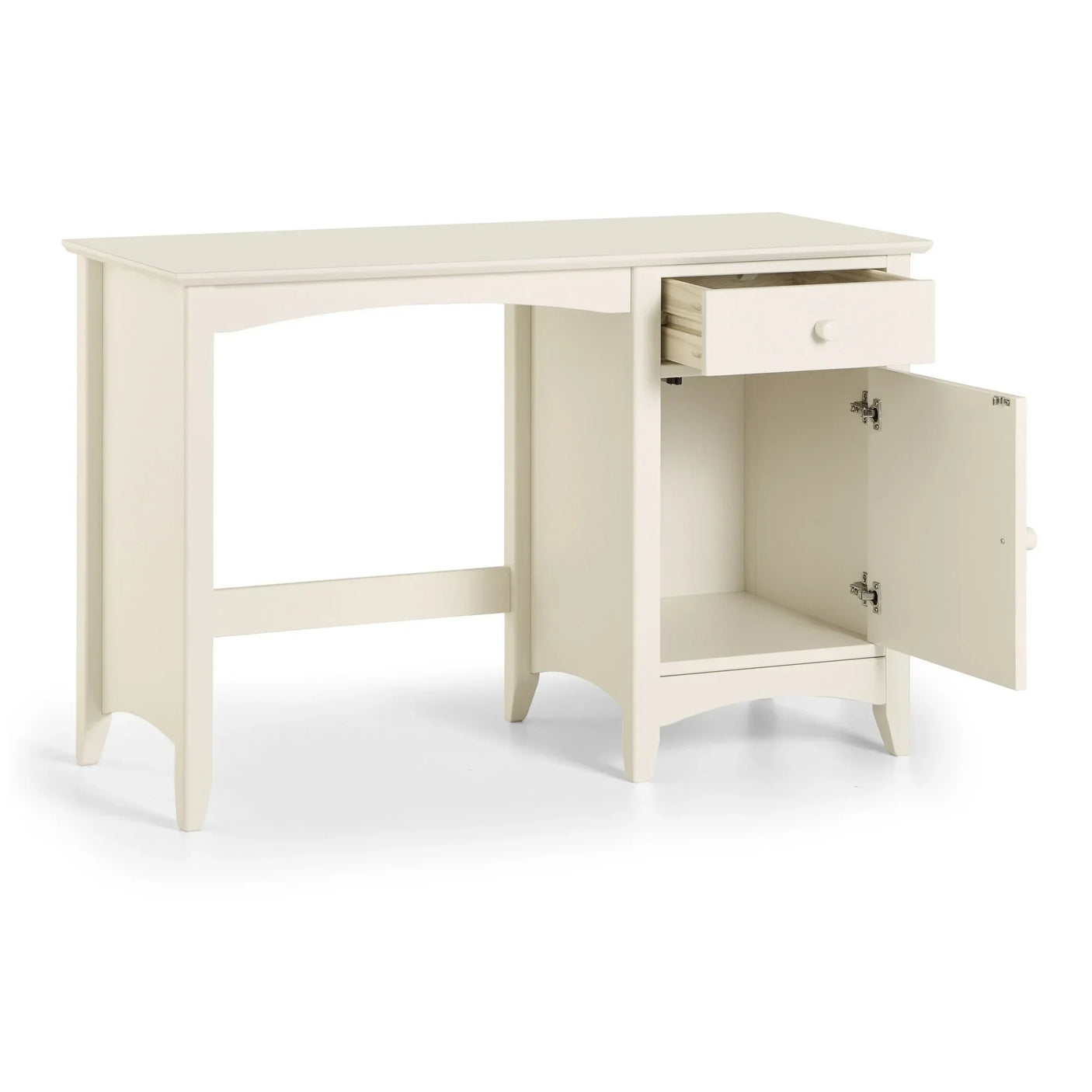 Cream wooden desk with single drawer and cupboard, both open, angled view
