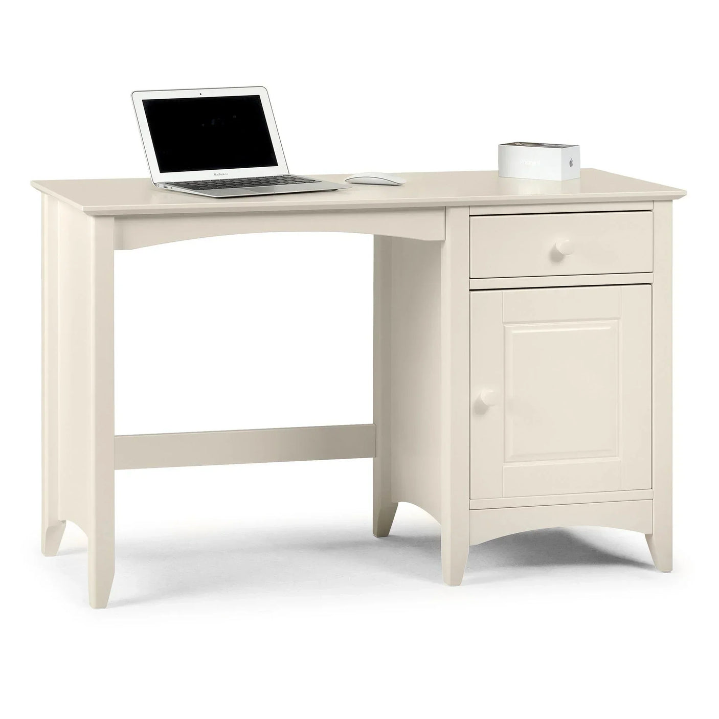 Cream wood desk with drawer and cupboard, shown with laptop and mouse on worktop