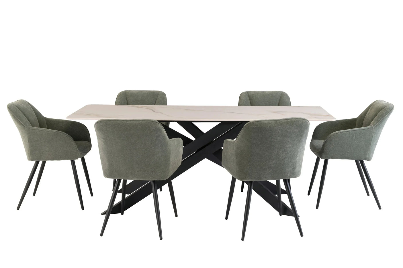 Modern dining table with light marble top and six green upholstered chairs, black metal legs