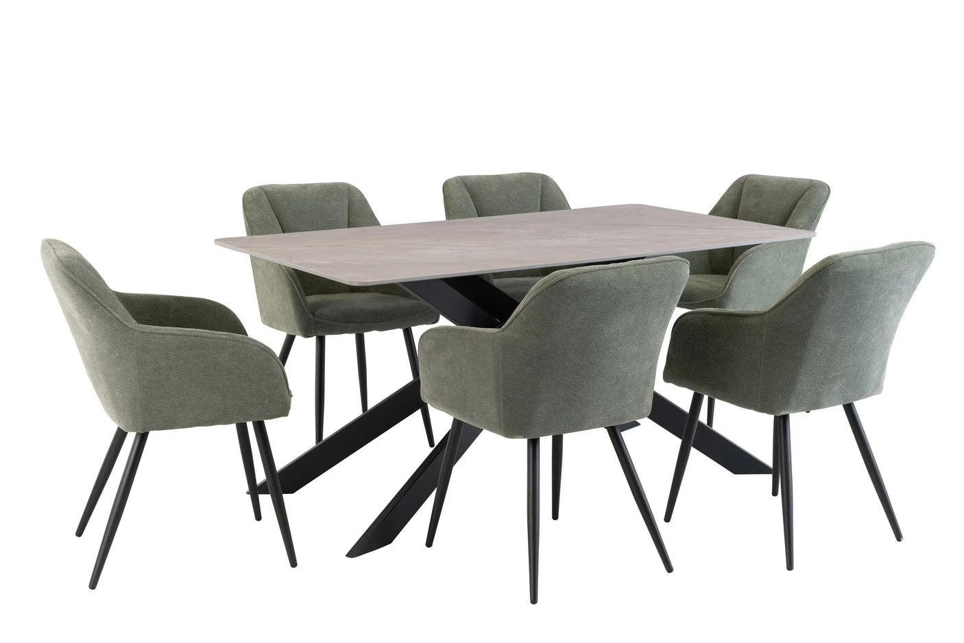 Modern dining table set with six green fabric chairs and black metal legs