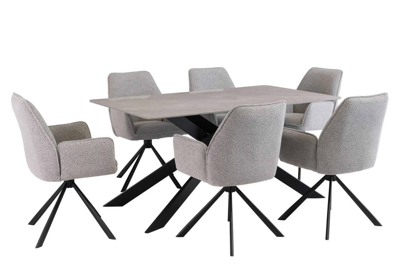 Grey dining table set with six upholstered swivel chairs and black metal legs
