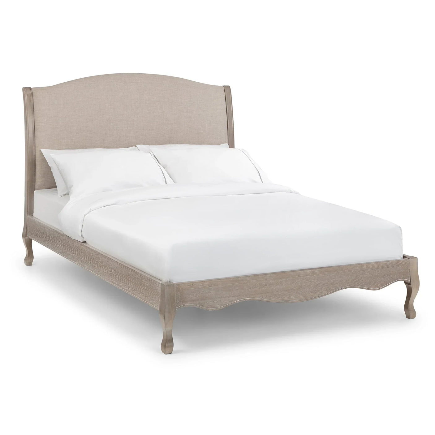 Beige fabric double bed with curved headboard and wooden frame, dressed in white bedding