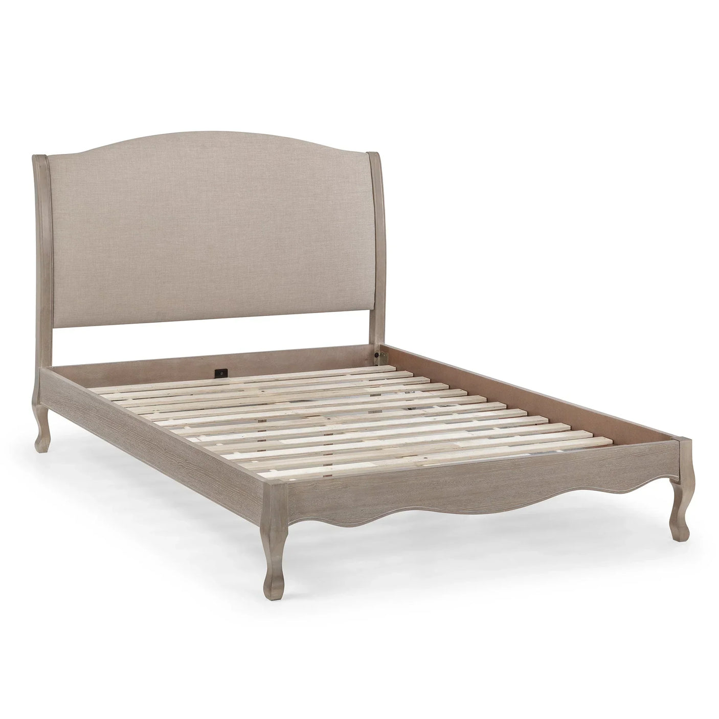 135cm double bed frame with upholstered headboard and wooden slats, shown at angle