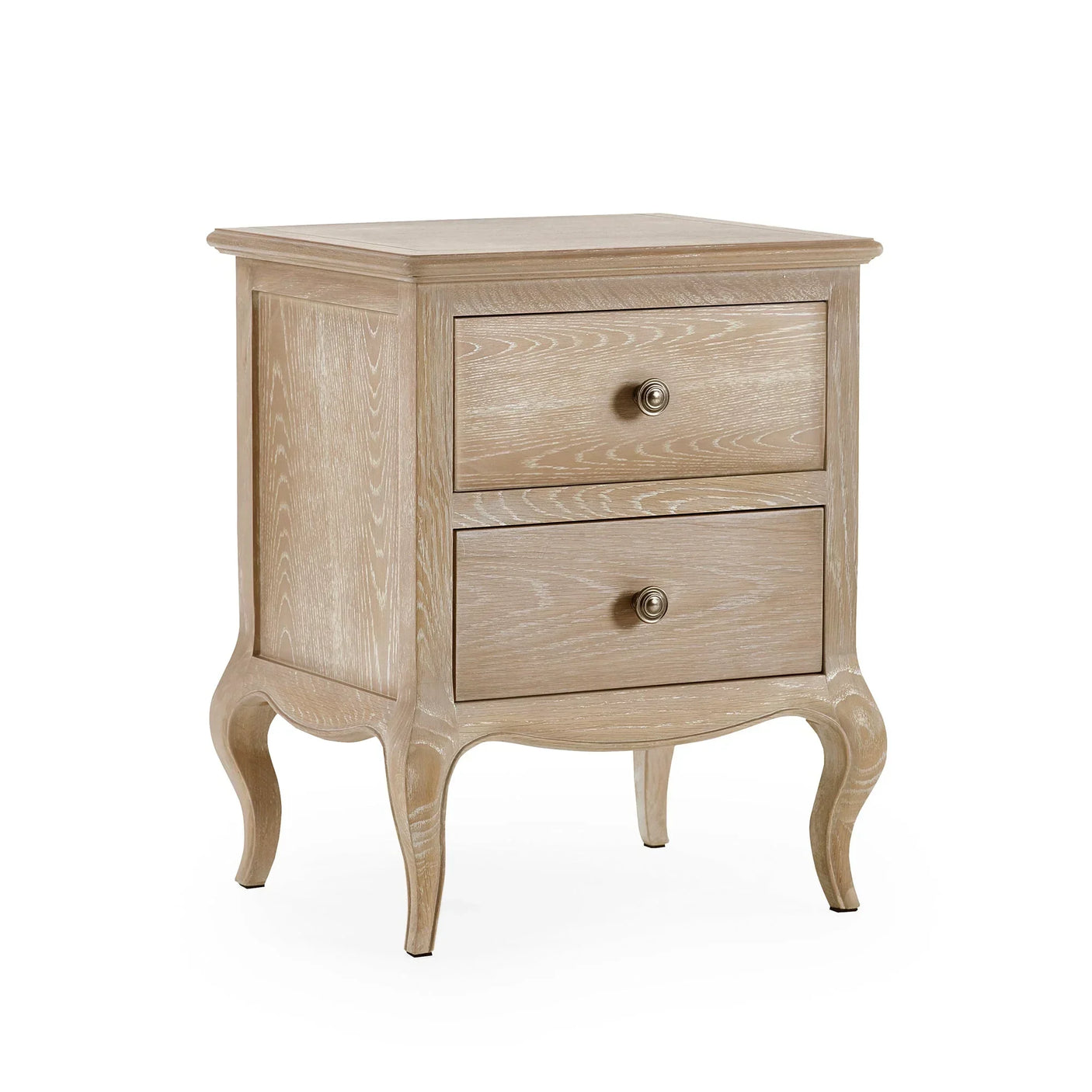 Light wood bedside table with two drawers and curved legs