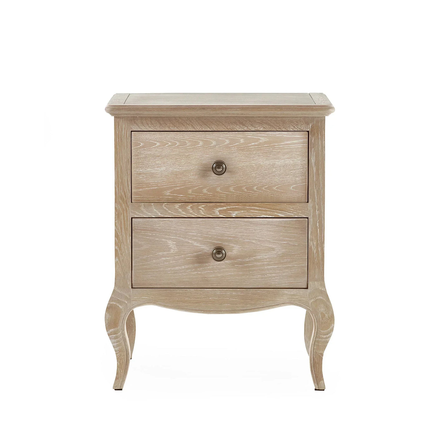Two drawer wooden bedside table with curved legs and light oak finish