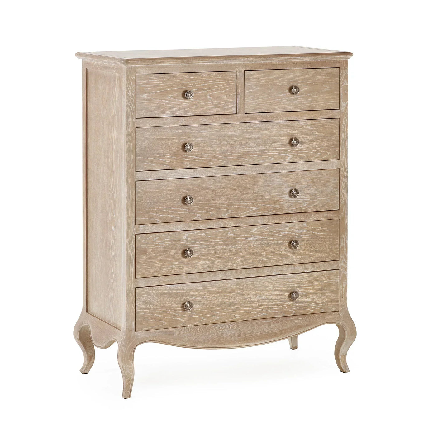 Oak chest of drawers with six handles and curved legs, shown at angle on white background