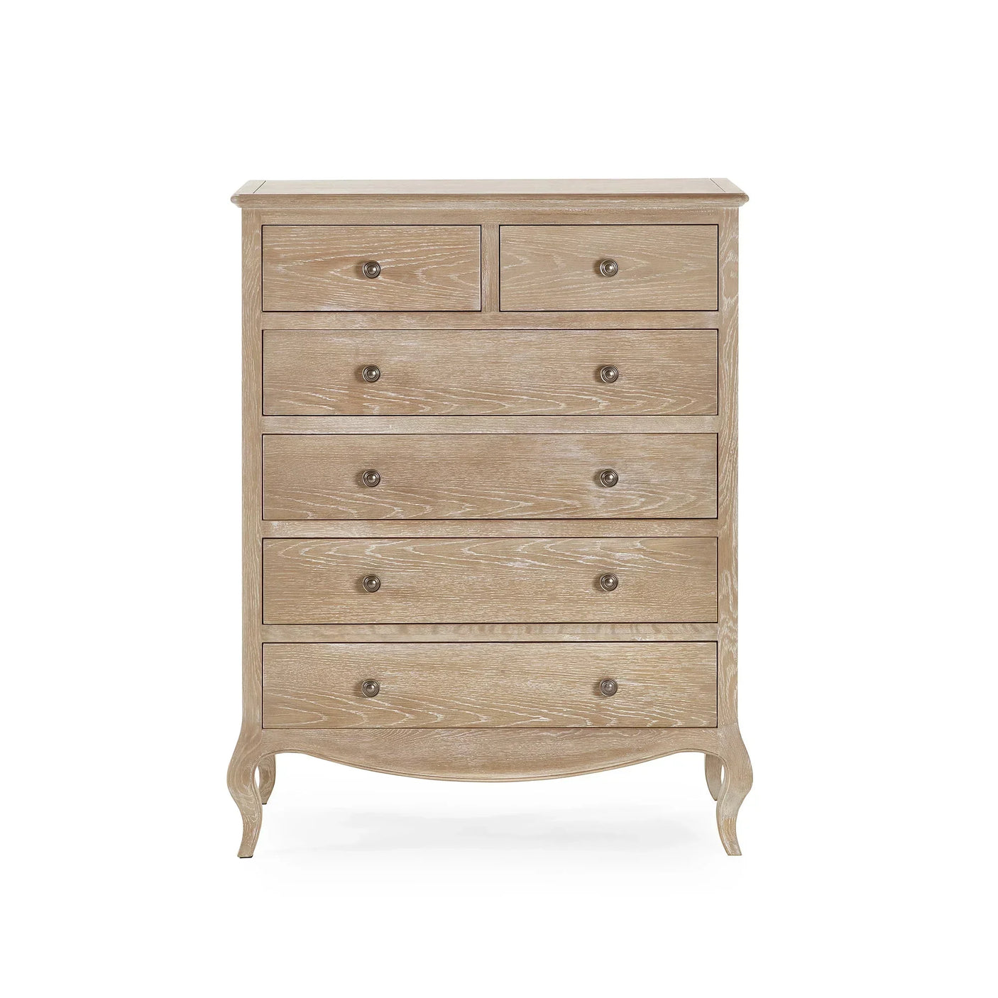 Oak finish chest of drawers with seven drawers and curved legs, front view