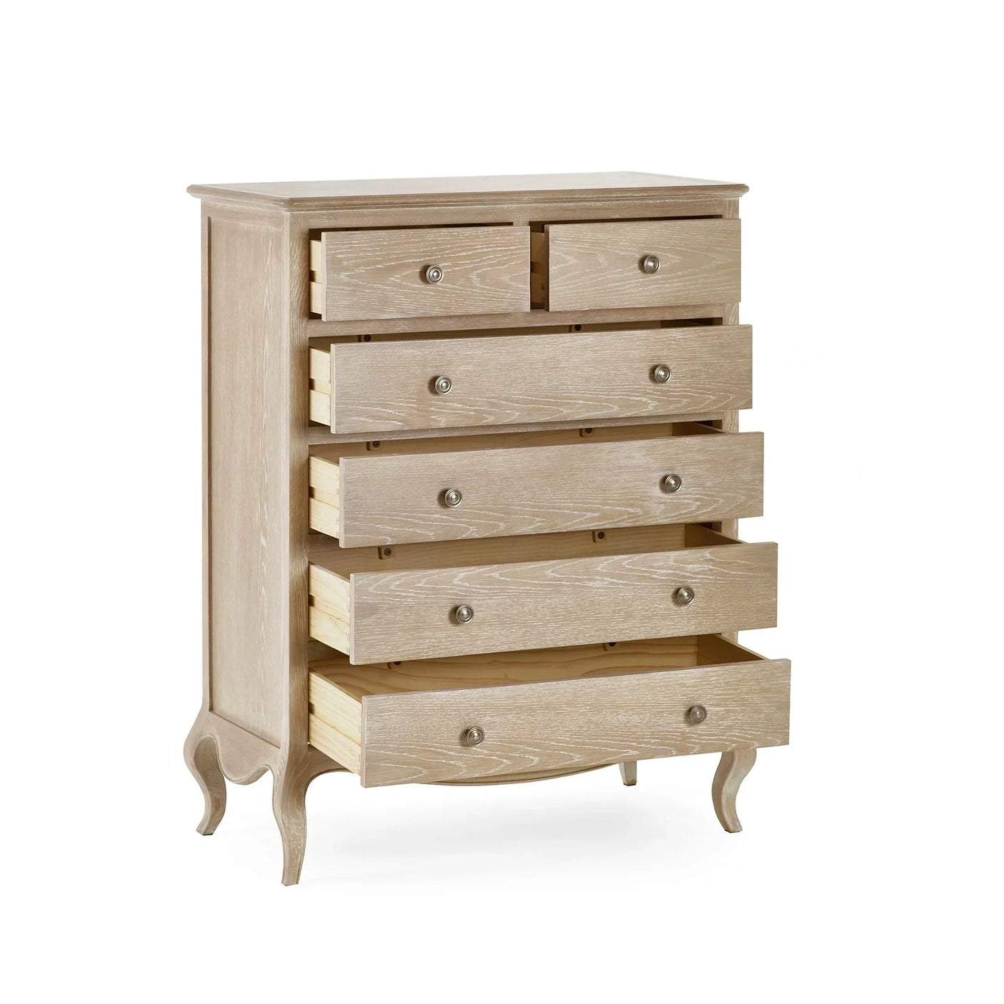 Light wood chest of drawers with six open drawers and curved legs