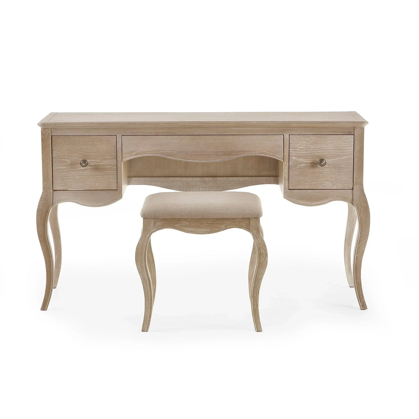 Wooden dressing table with two drawers and matching padded stool, curved legs, light finish