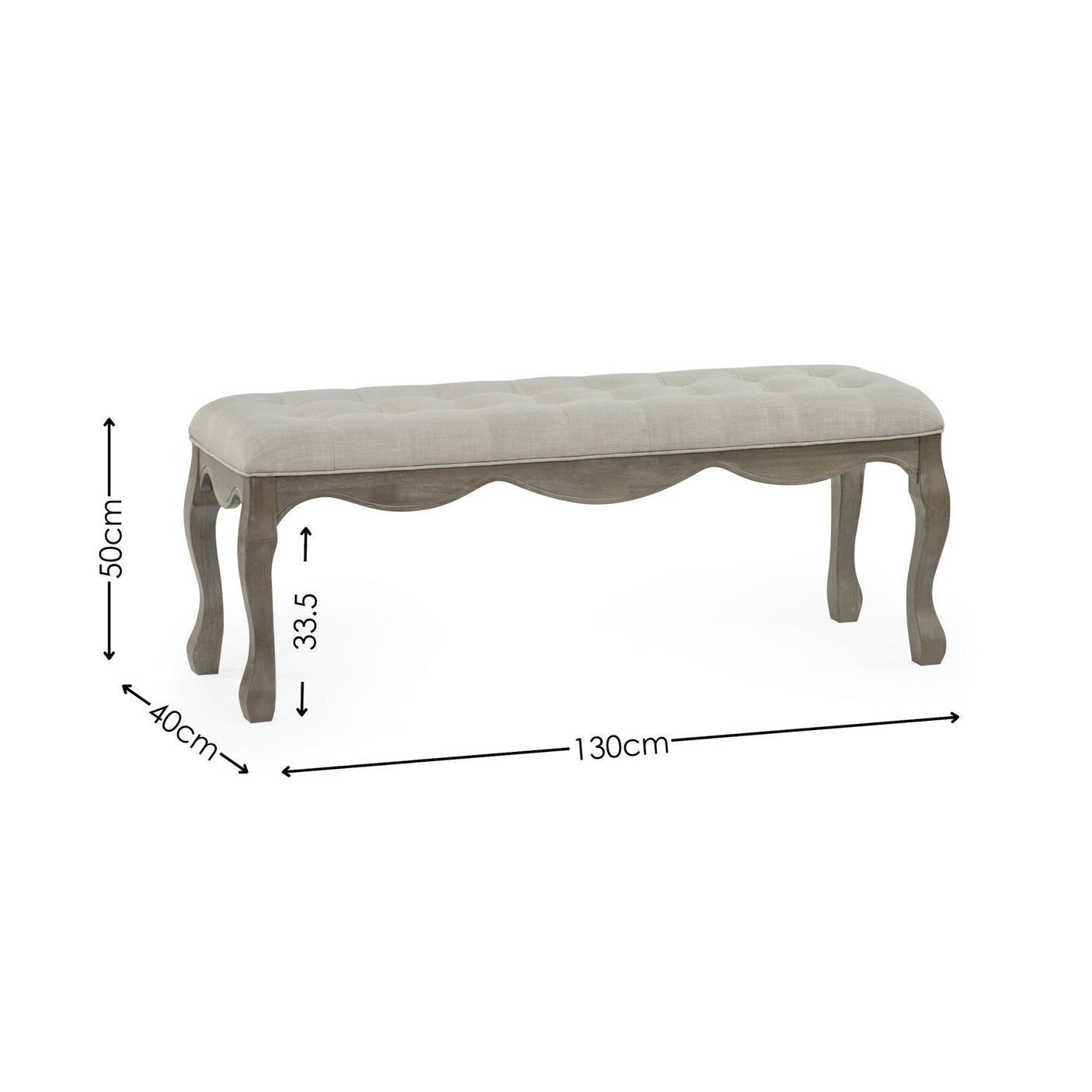 Bench with beige tufted fabric top and carved natural wood frame with cabriole legs with dimension labels