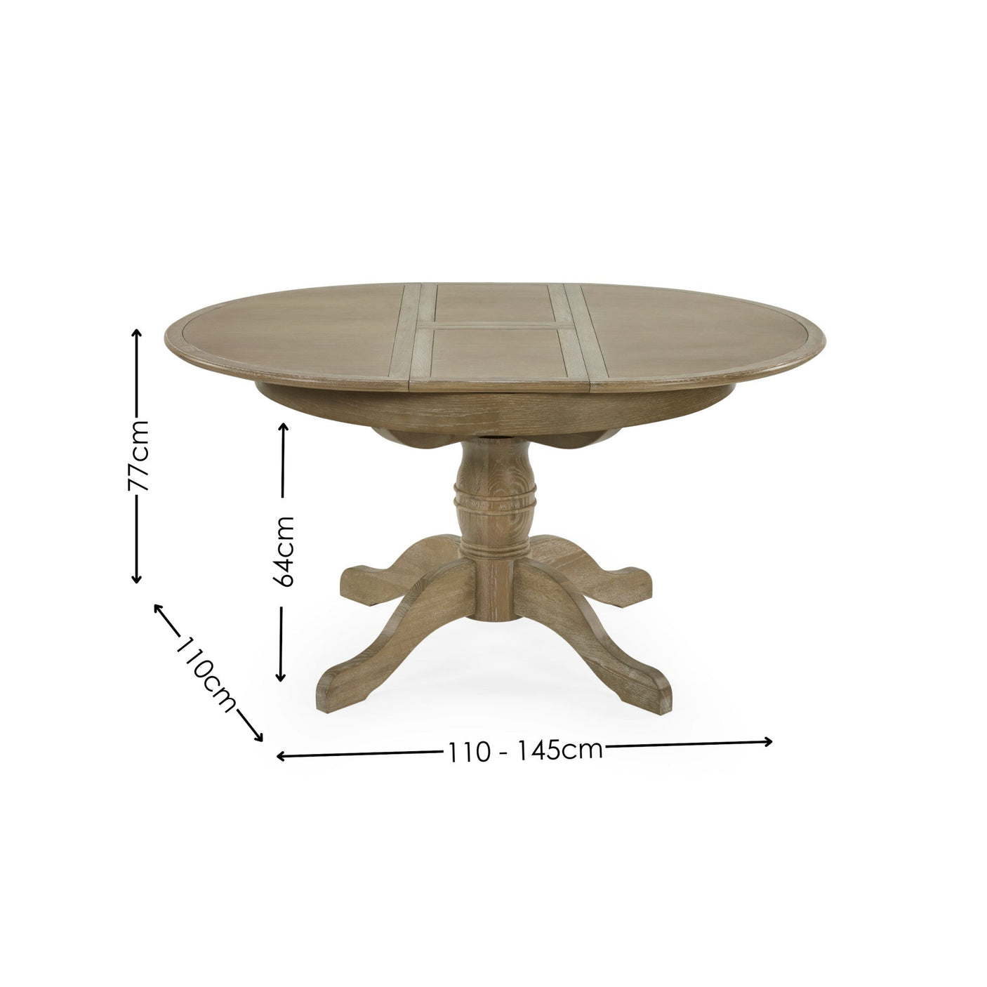 Light oak round extending table with dimensions shown, pedestal base, and extension closed