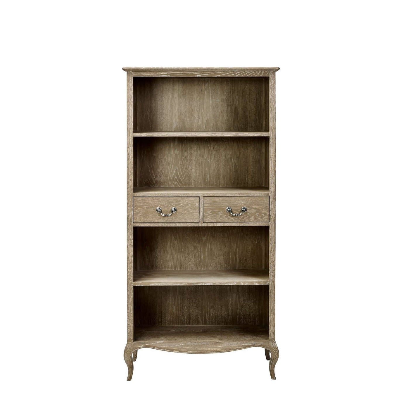 The Camille French Style Tall Bookcase features a limed oak finish with two drawers and open shelving, showcasing a classic design ideal for adding elegance to any room