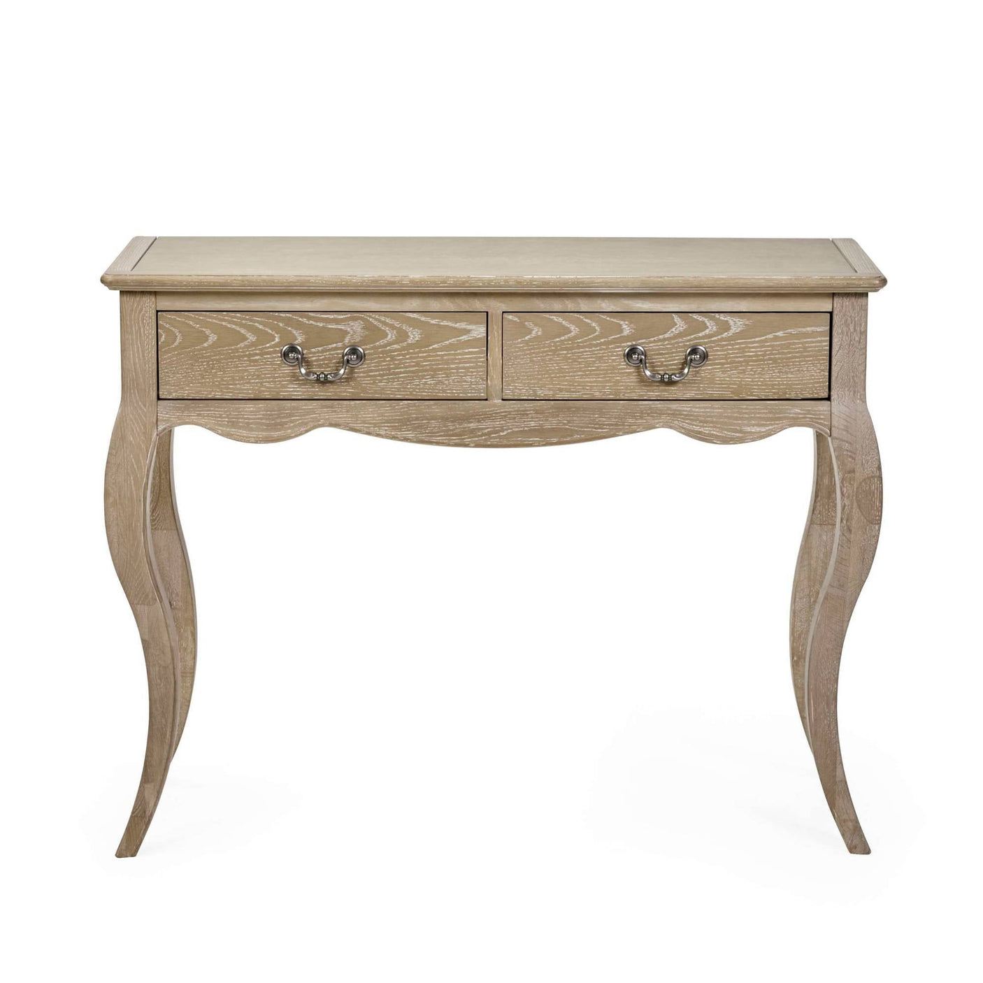 The Camille Console Table features a limed oak finish with elegant curved legs and two drawers adorned with decorative metal handles, perfect for adding a touch of sophistication to any entryway or living space