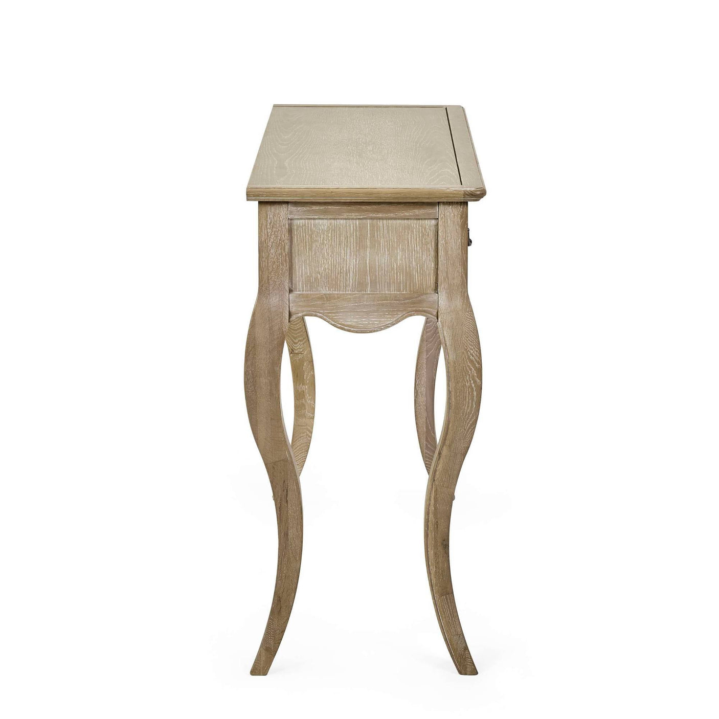 The Camille Console Table features a limed oak finish with elegantly curved legs and a smooth top, perfect for adding a touch of sophistication to any entryway or living space