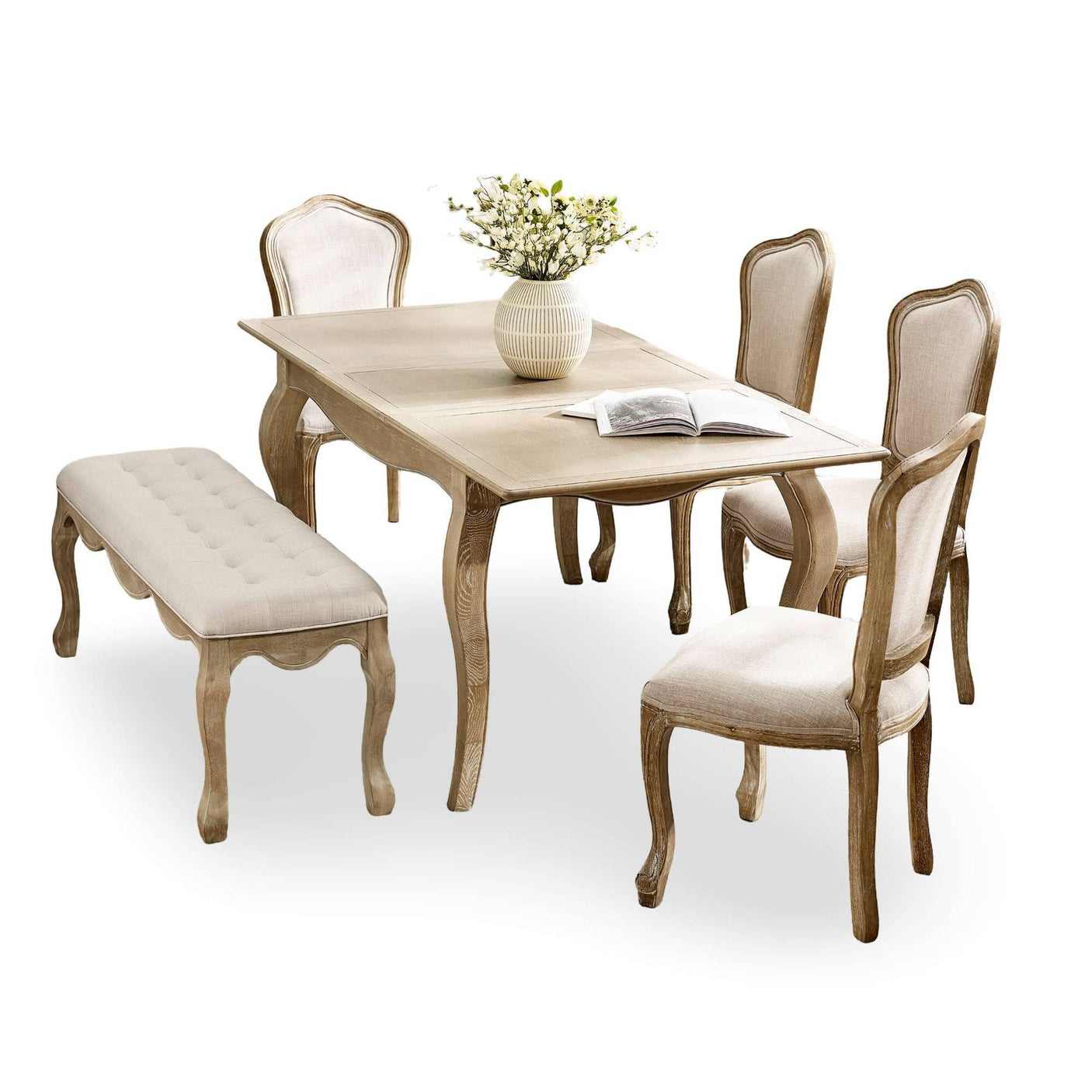 The Camille French Style Rectangular Extending Dining Table in limed oak features elegantly curved legs, paired with upholstered chairs and a tufted bench, creating a sophisticated dining setting perfect for 4 to 6 people