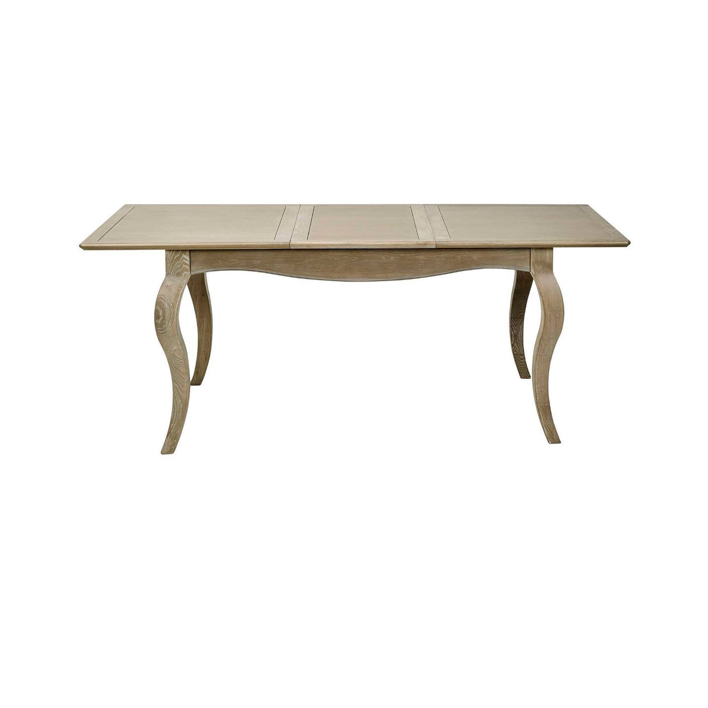 The Camille French Style Rectangular 4-6 Seater Extending Dining Table features a limed oak finish with elegantly curved legs, showcasing a classic design suitable for dining rooms