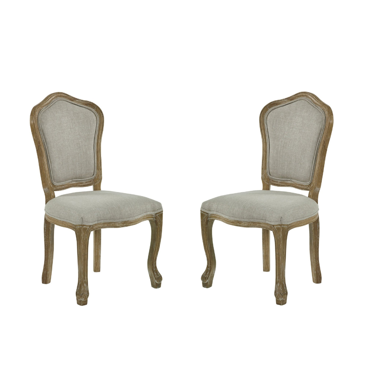 Pair of beige upholstered dining chairs shown front facing on white background