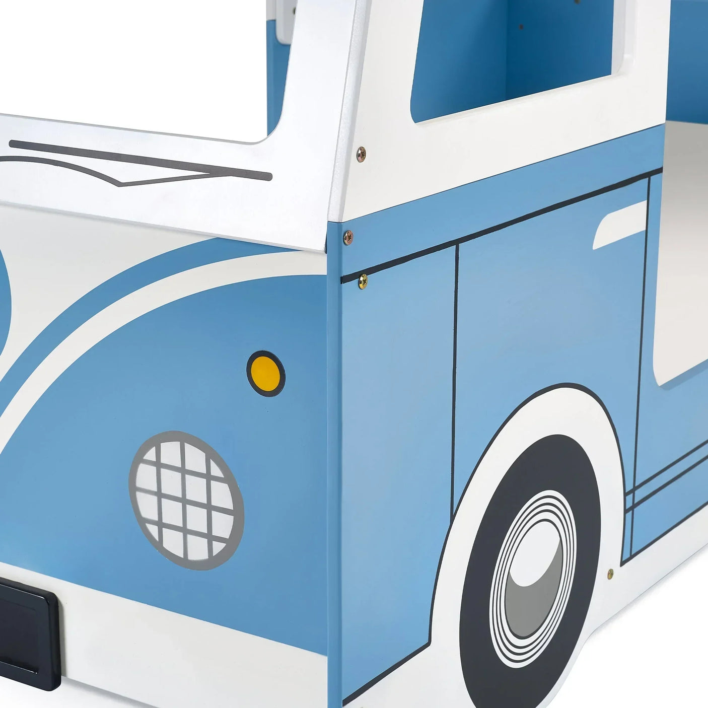blue campervan bed front panel with wheel and headlight detailing