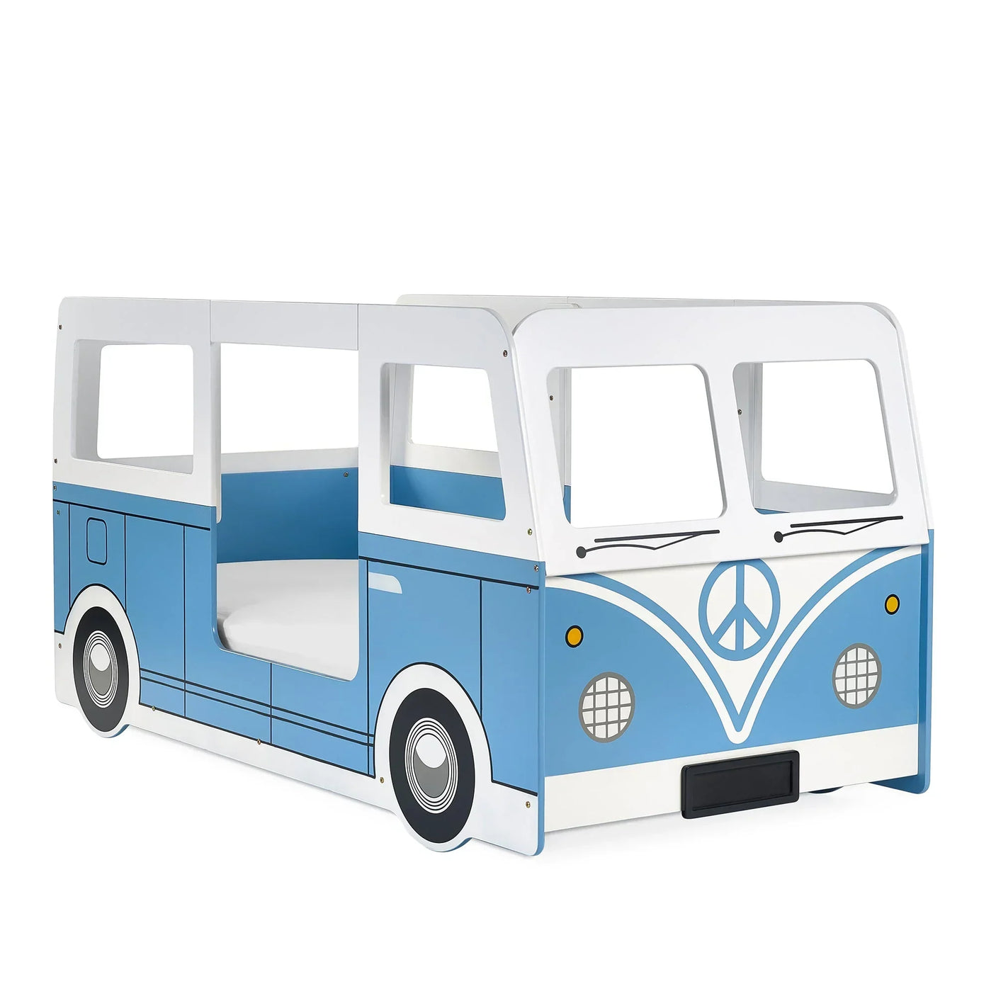 Light blue campervan bed frame with window cutouts and black wheel details