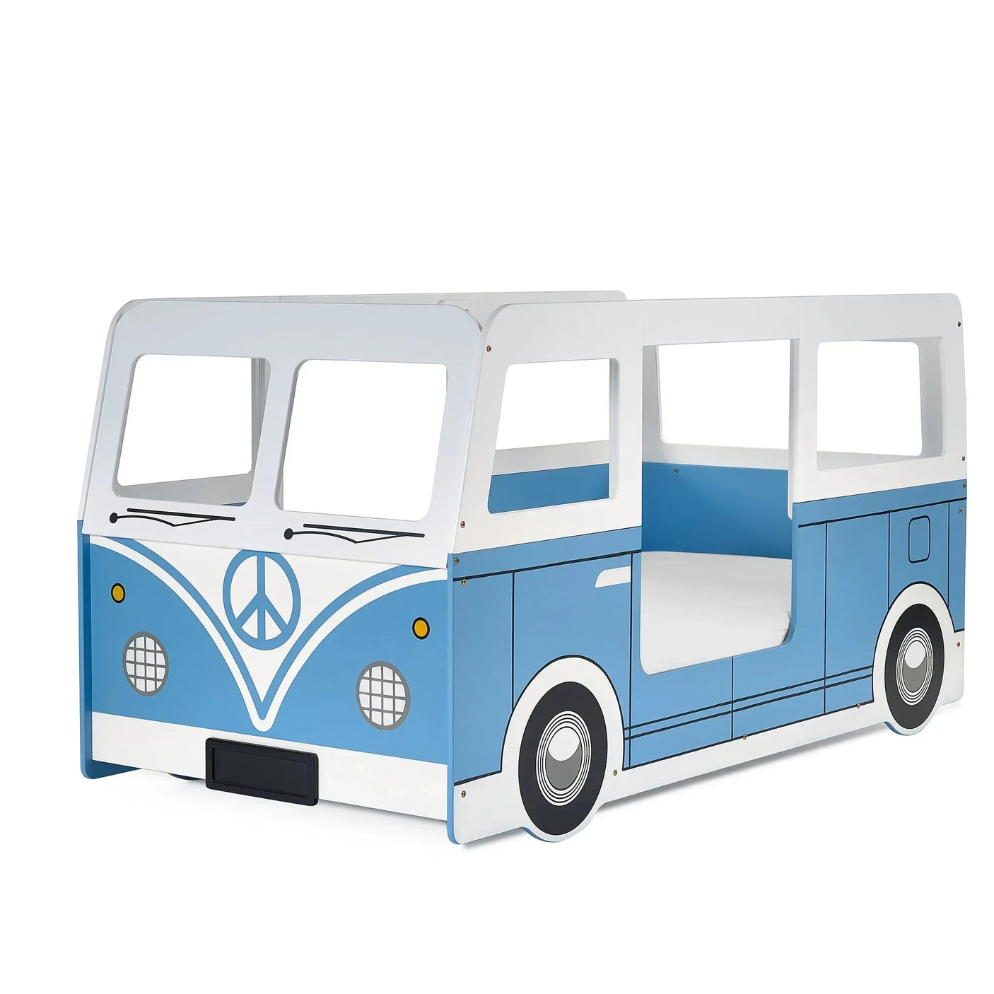 Light blue campervan bed with open sides and front, styled as a vintage van for kids