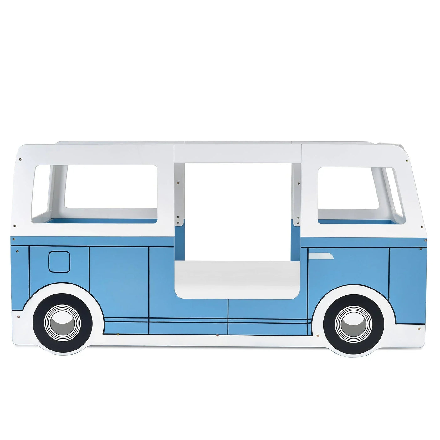 Light blue campervan bed frame with window cutouts and cartoon wheel design, side view