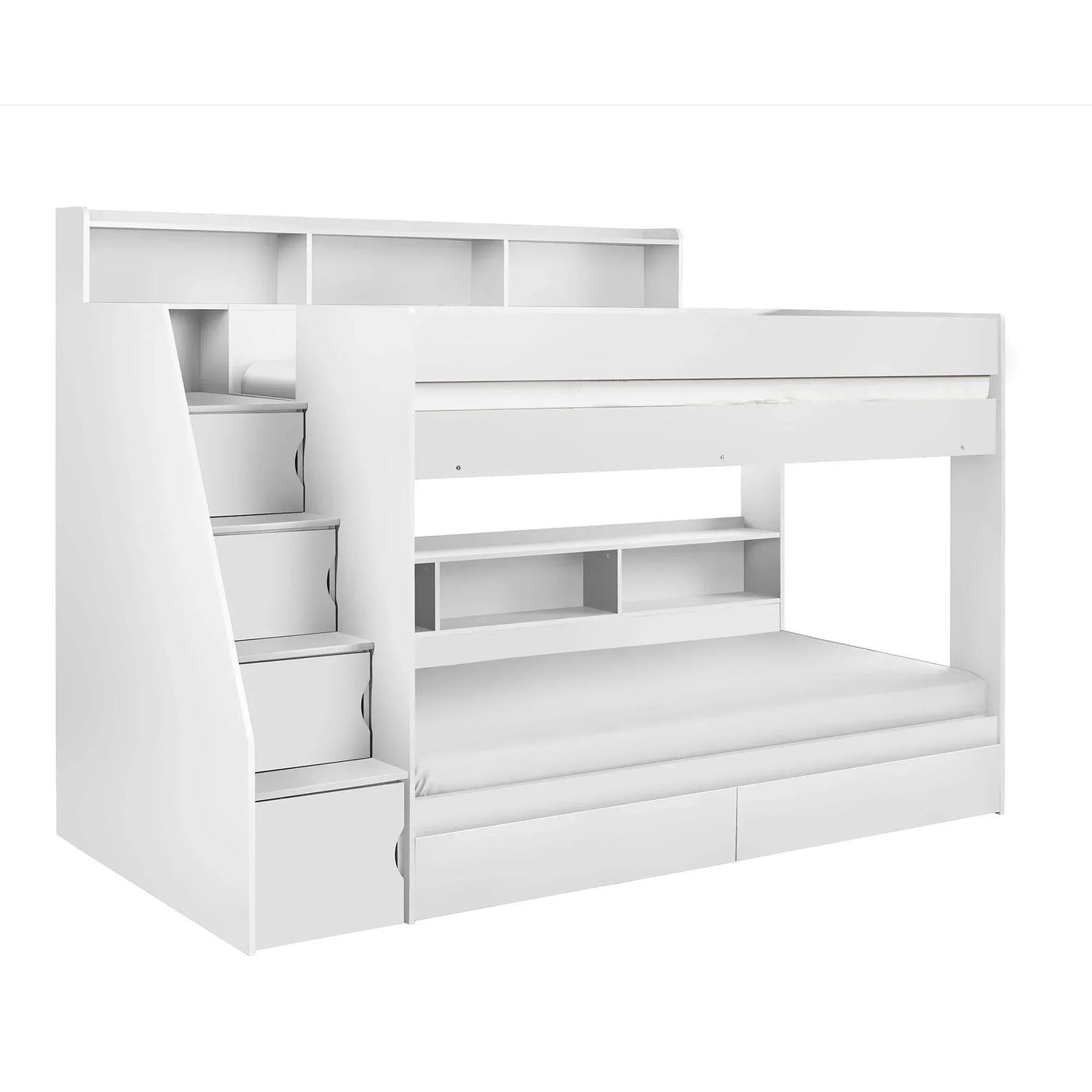 White bunk bed with staircase, built-in shelves and storage drawers