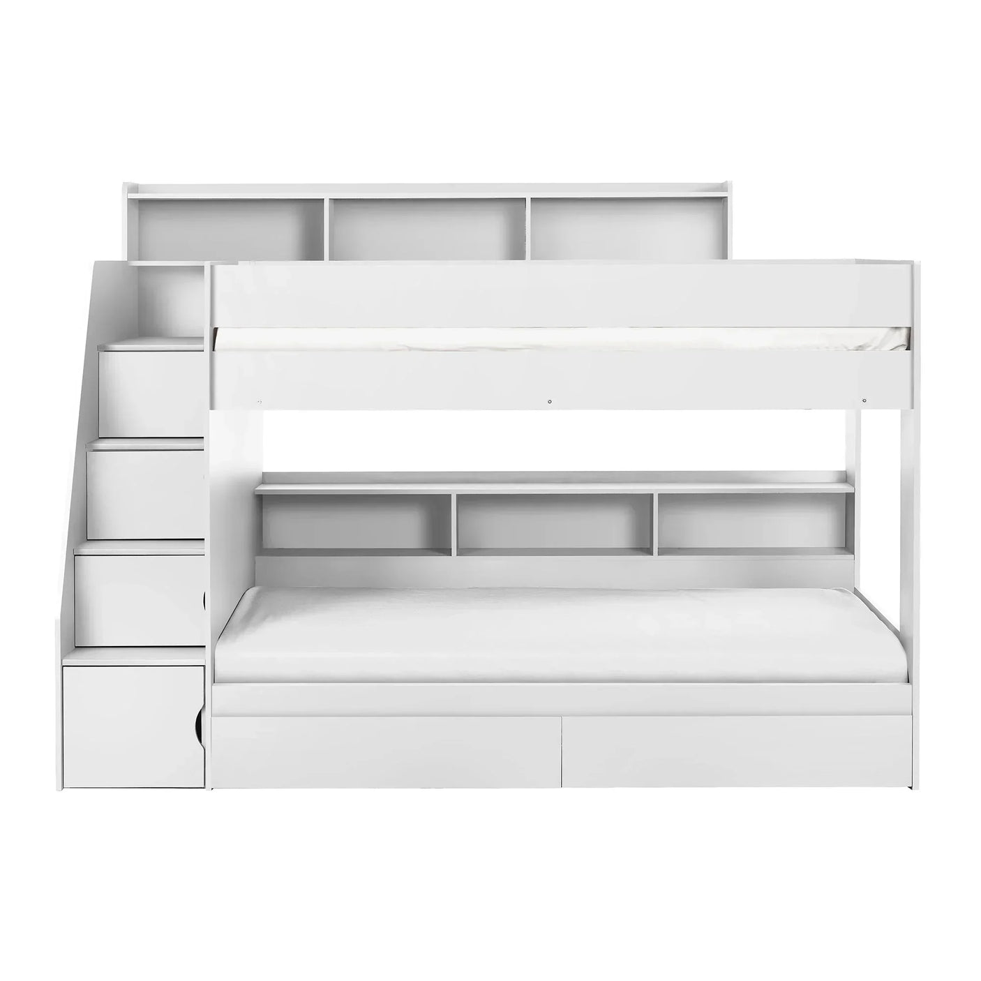 White wooden bunk bed with staircase storage and built-in shelving, front view