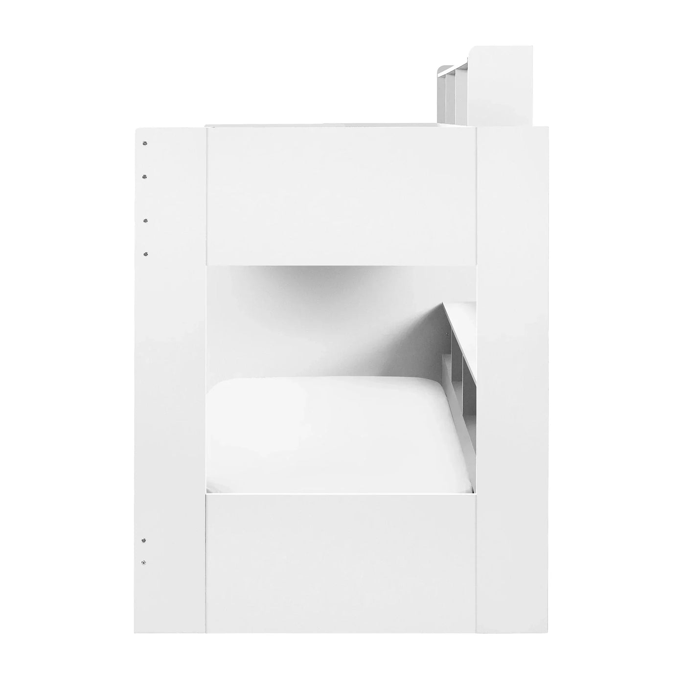 White wooden bunk bed side view with built-in shelving and lower single bed
