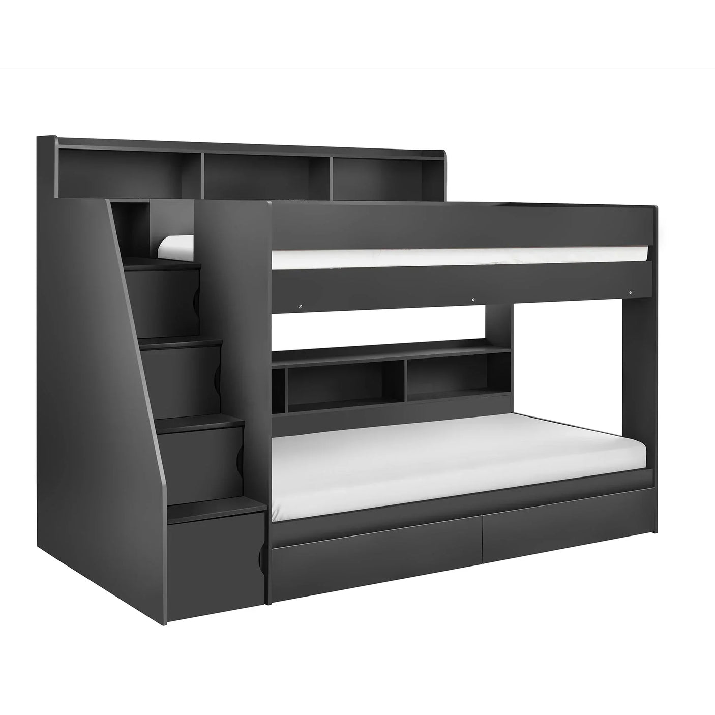 Anthracite bunk bed with staircase, shelves, and lower storage drawers