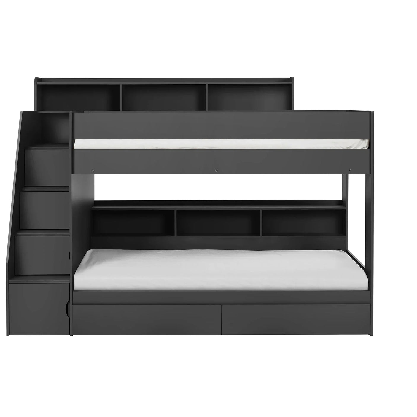 Anthracite staircase bunk bed with shelving, storage drawers, and twin mattresses