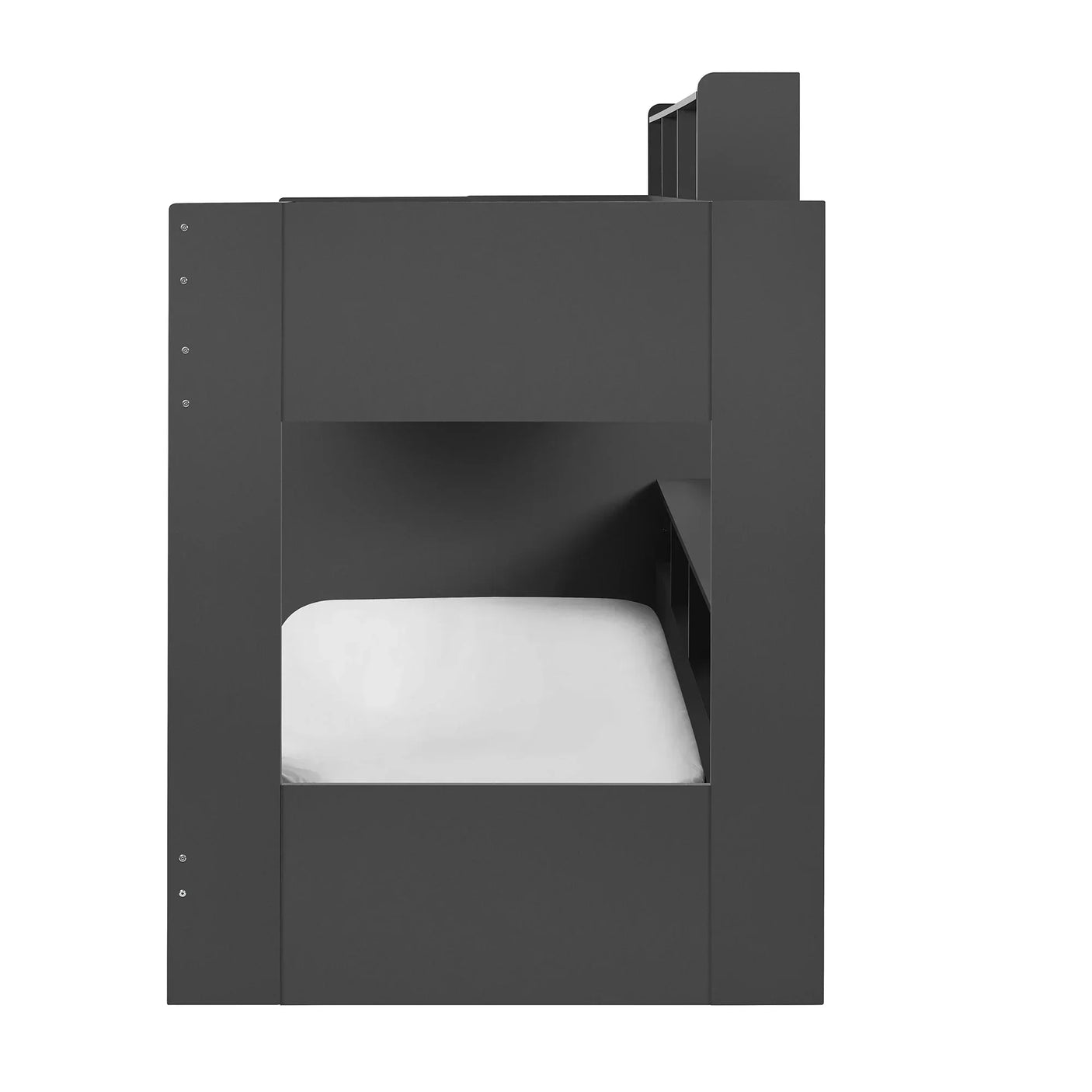 Anthracite grey wooden bunk bed side view, lower bunk with white mattress visible
