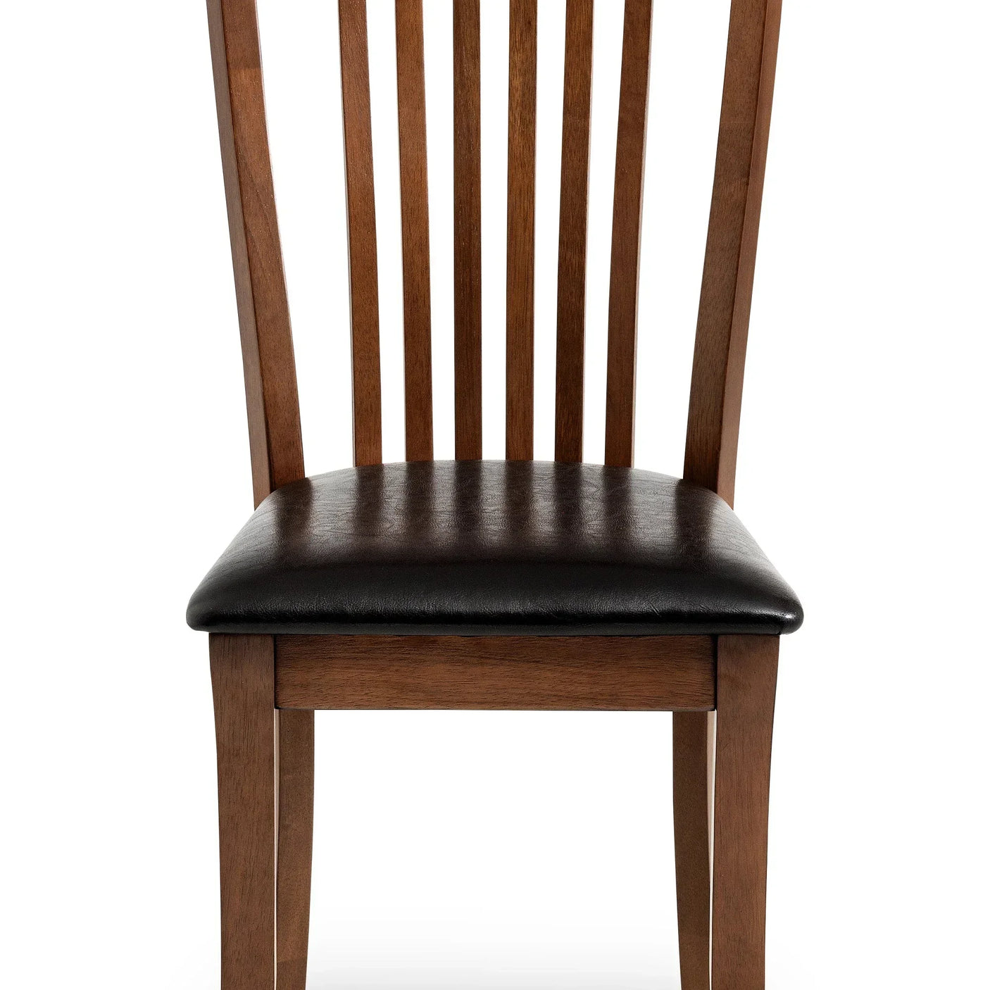 Wooden dining chair with slatted back and black padded seat, front view