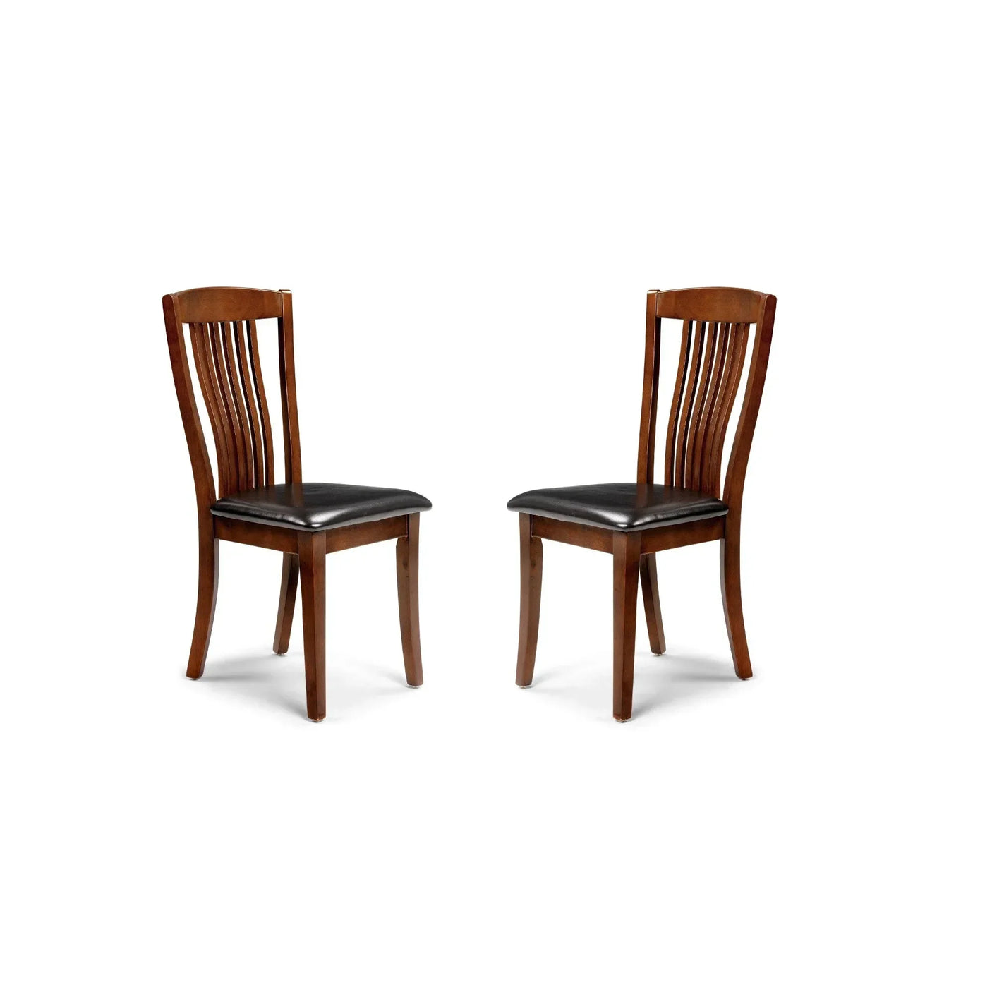 Pair of wooden dining chairs with dark brown finish and black cushioned seats