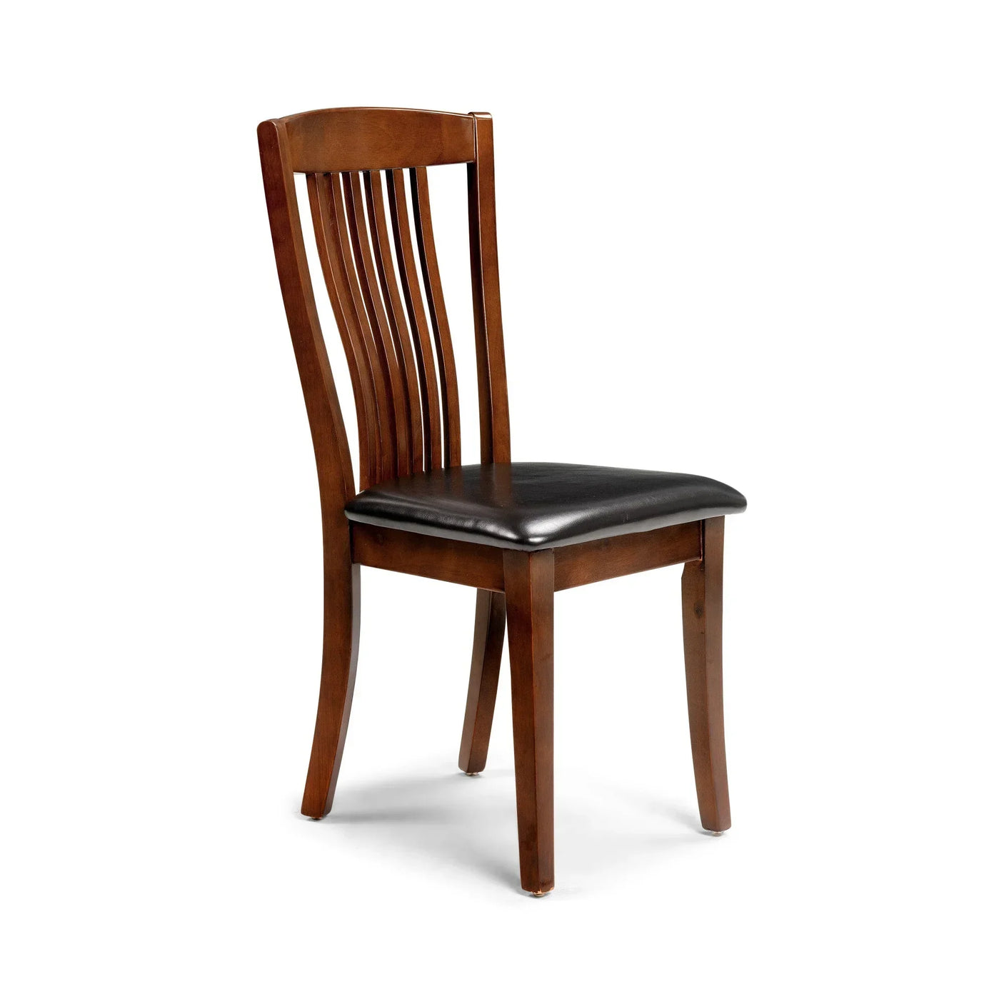Dining chair with dark wood frame and black leather seat, slatted curved back design