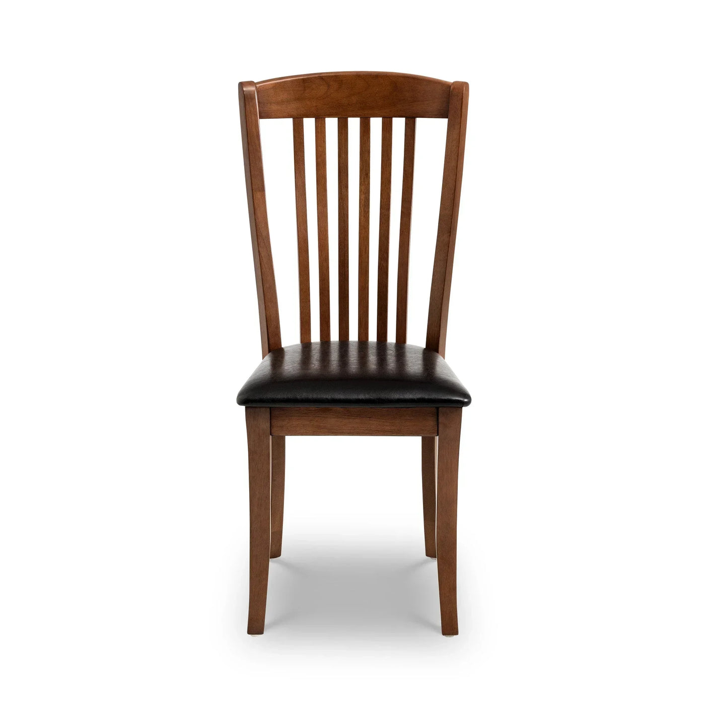 Wooden dining chair with vertical slat back and black cushioned seat, front view