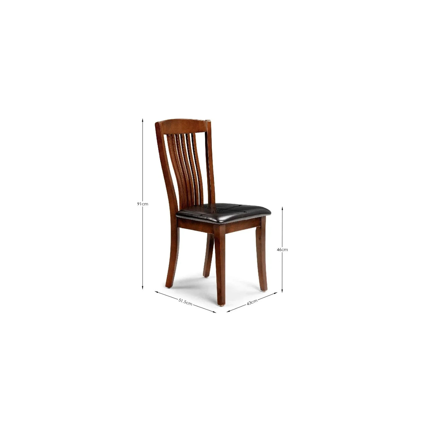Wooden dining chair with slatted back and black padded seat, measurement details shown