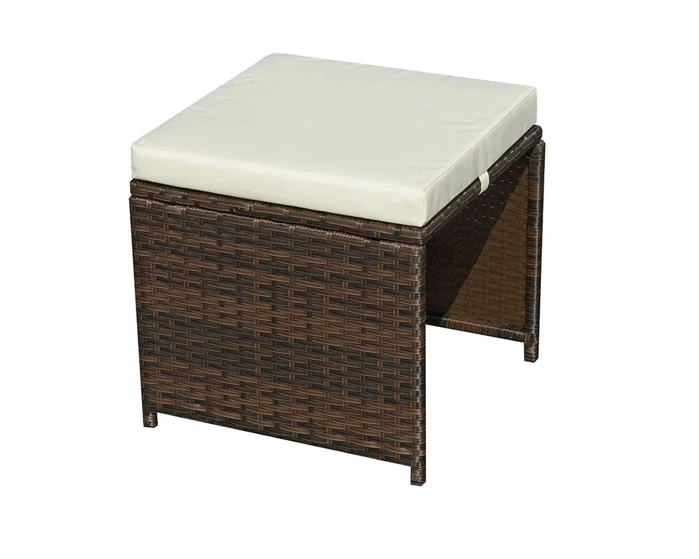 Brown rattan garden footstool with cream cushion, cube shape, outdoor furniture
