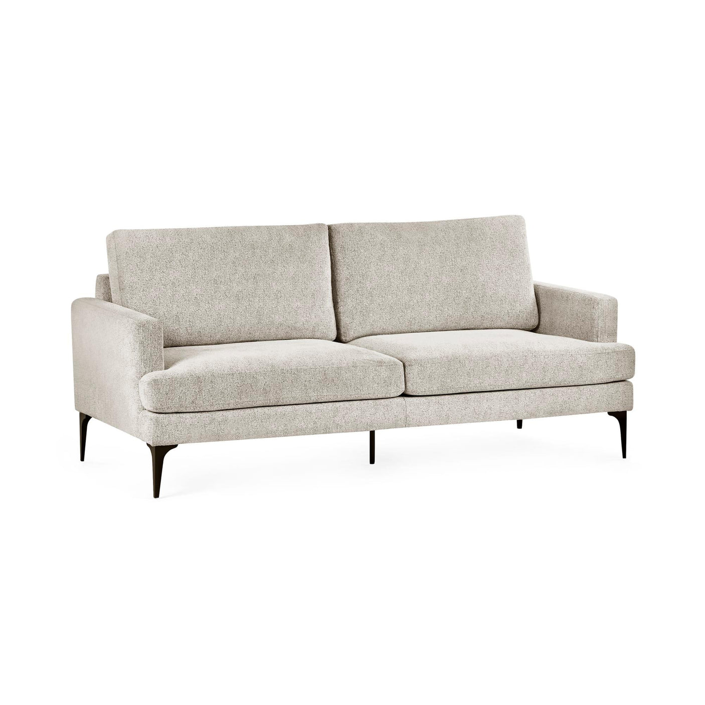 Light grey fabric sofa with slim metal legs and cushioned seats against white background