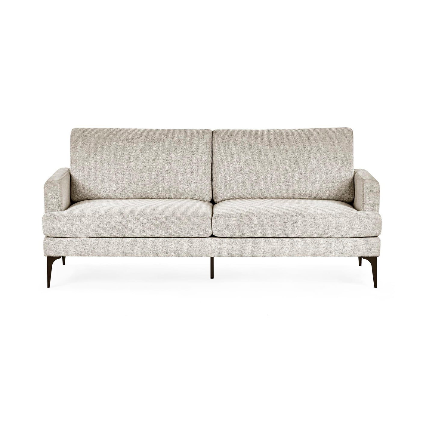 Beige fabric sofa with slim metal legs and straight armrests, front view