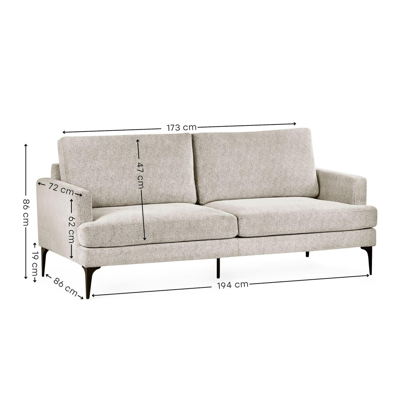 Light grey fabric sofa with black legs, size dimensions marked on cushions, arms, and base
