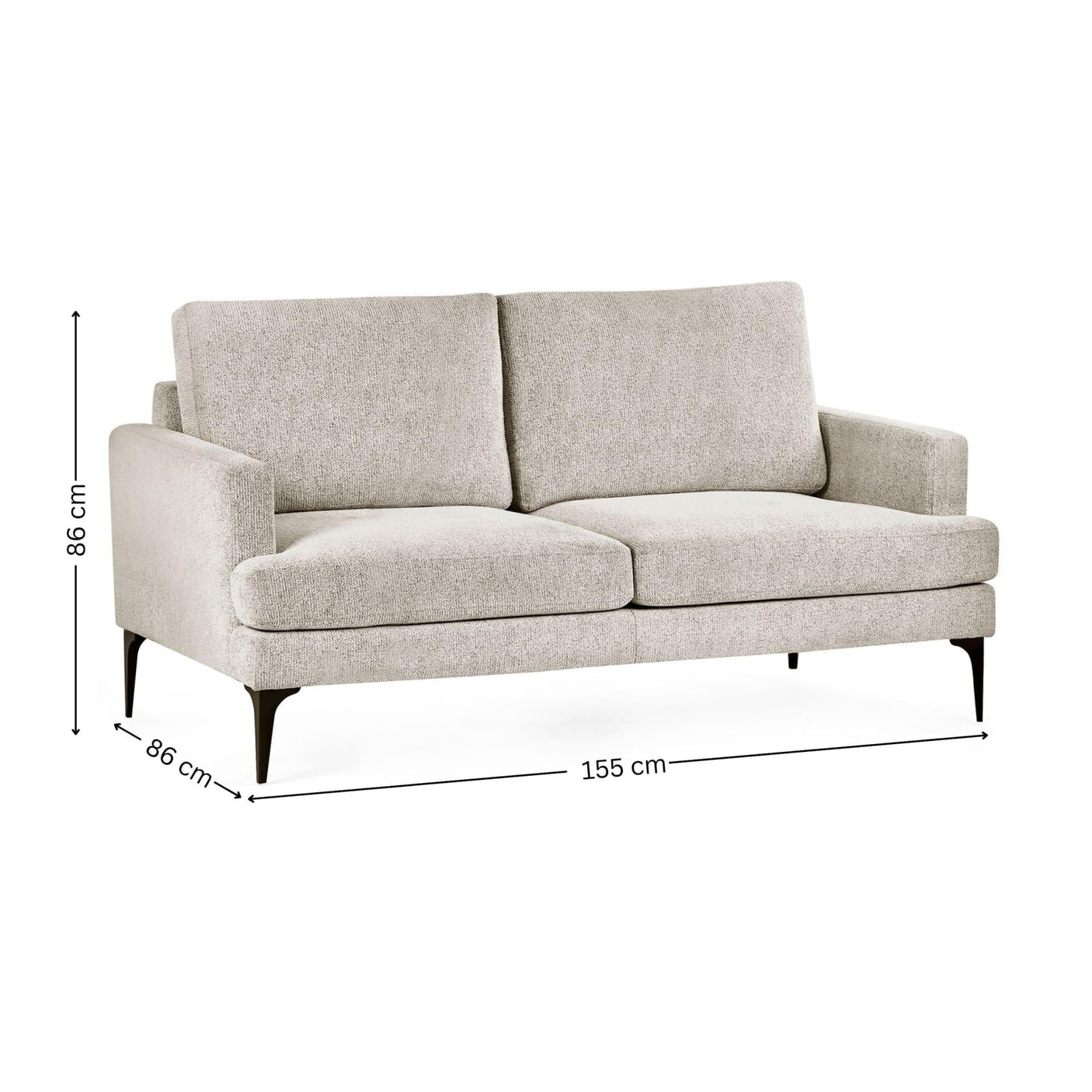 Light beige fabric sofa with black legs, shown with dimensions 155 cm wide by 86 cm high