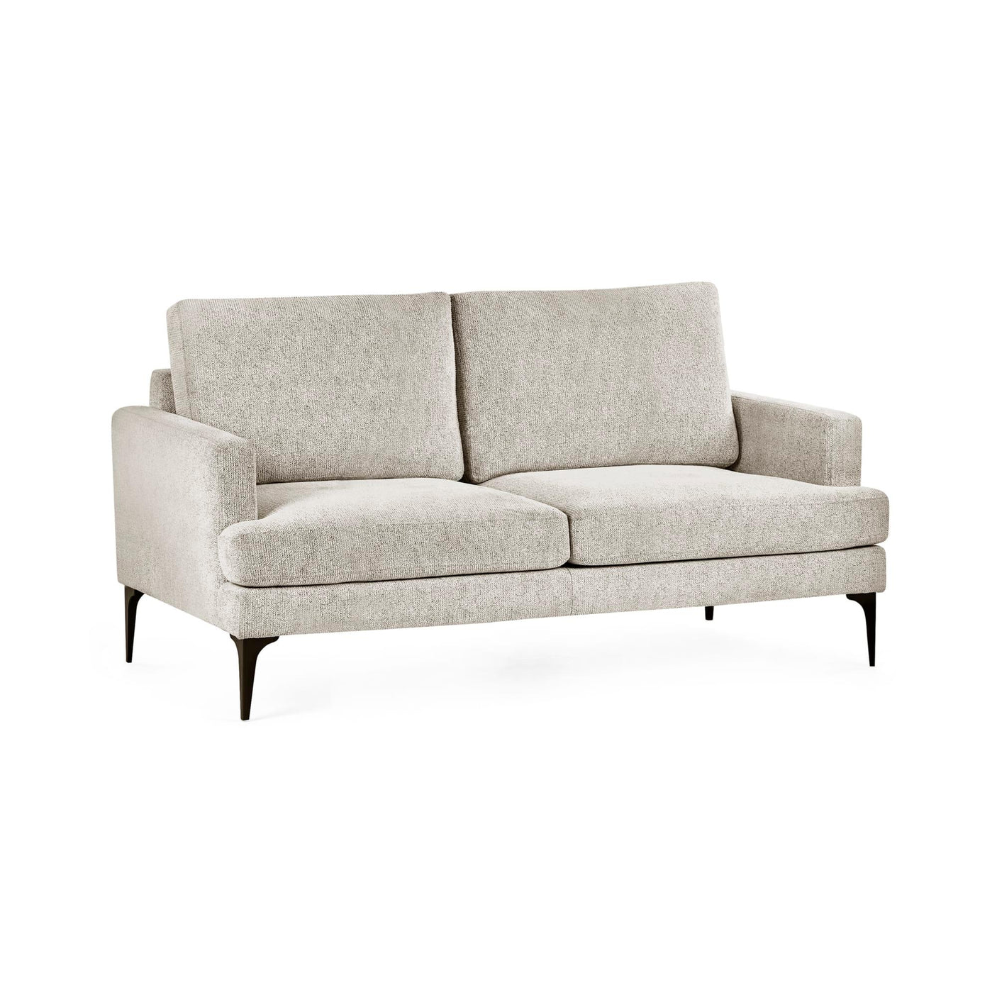 Light grey fabric sofa with slim armrests and black metal legs, front view