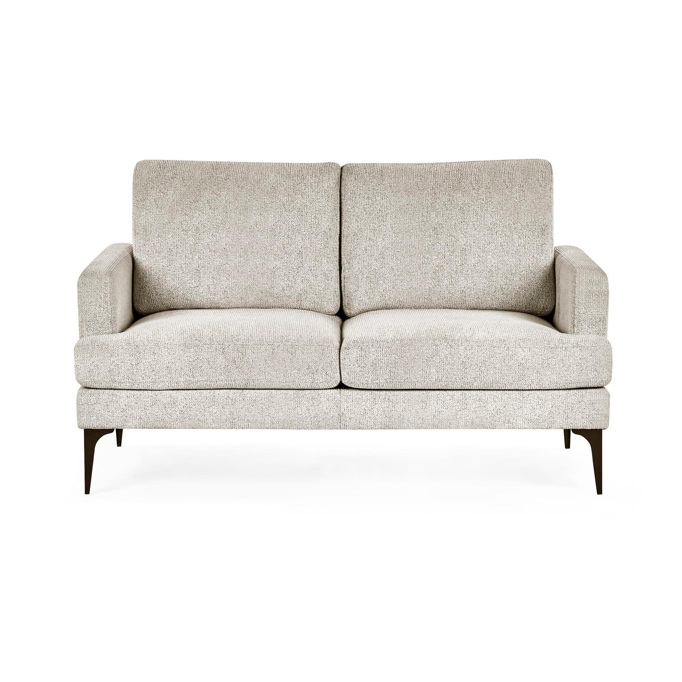 Beige fabric sofa with square arms and tapered dark wood legs, front view