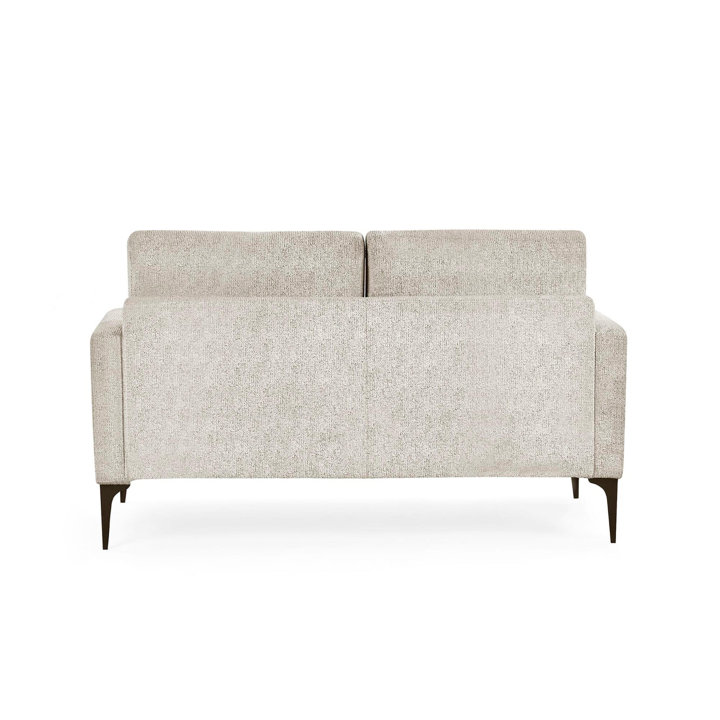 Beige fabric sofa rear view with metal legs and textured upholstery